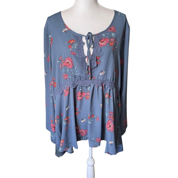 Eyeshadow Tops - Eyeshadow Blue Gray Floral Lace Trim Tie Neck Peasant Tunic Blouse Top 3X *READ‎